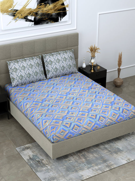 Blue & Brown Geometric Print King Size Fitted Bedsheet with 2 Pillow Covers