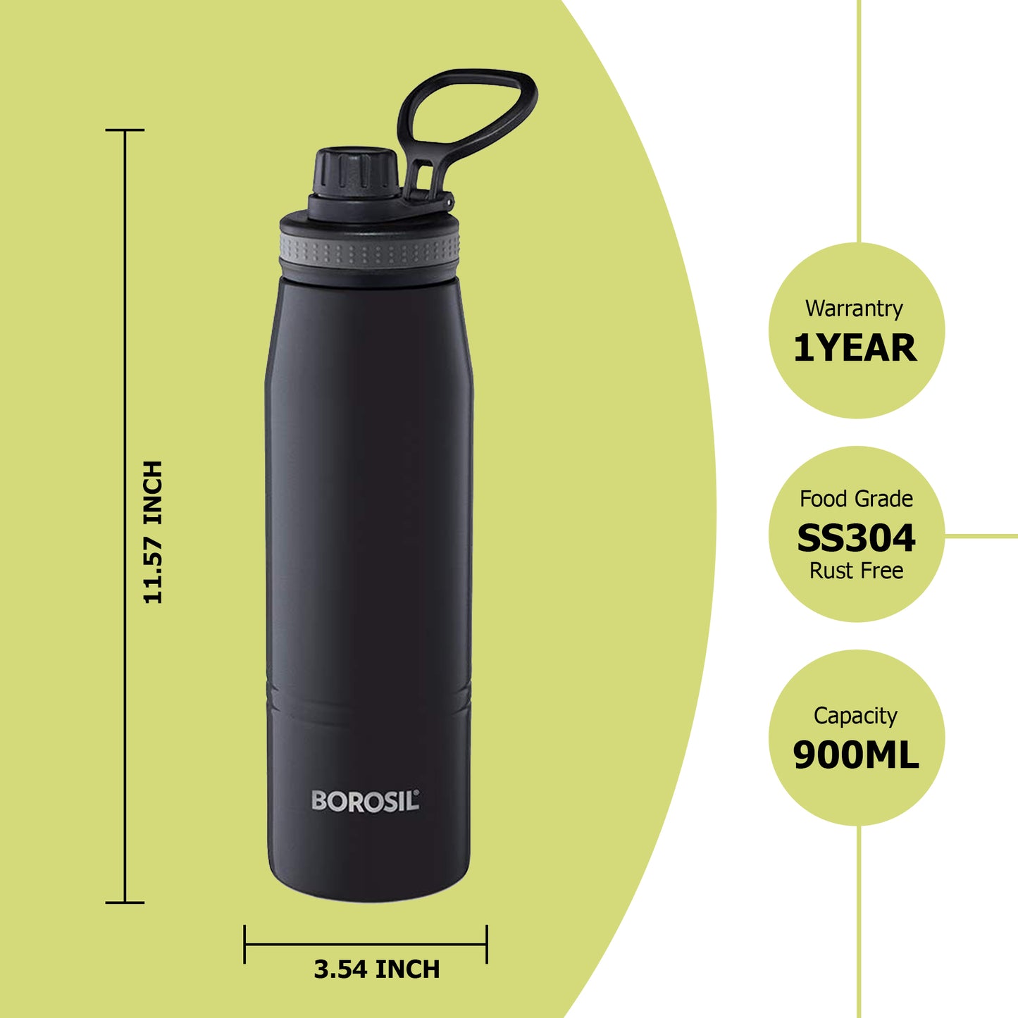 Borosil - Hydra Gosports Thermosteel Bottle 900ML Black - Ghar Sajawat