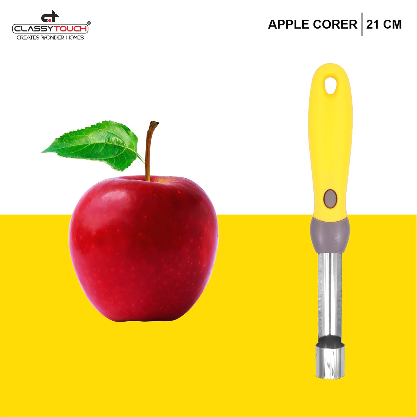 Classy Touch - Apple Corer Stainless Steel Apple Corer Remover with Soft Rubber Handle Yellow - Ghar Sajawat
