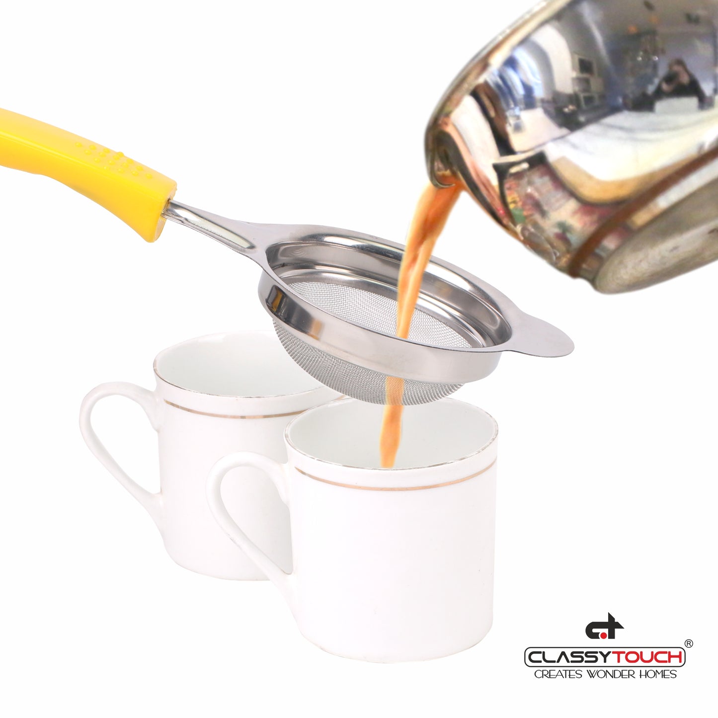 Classy Touch - Tea Strainer Stainless Steel Double Mesh Tea Strainer (Medium) Yellow - Ghar Sajawat