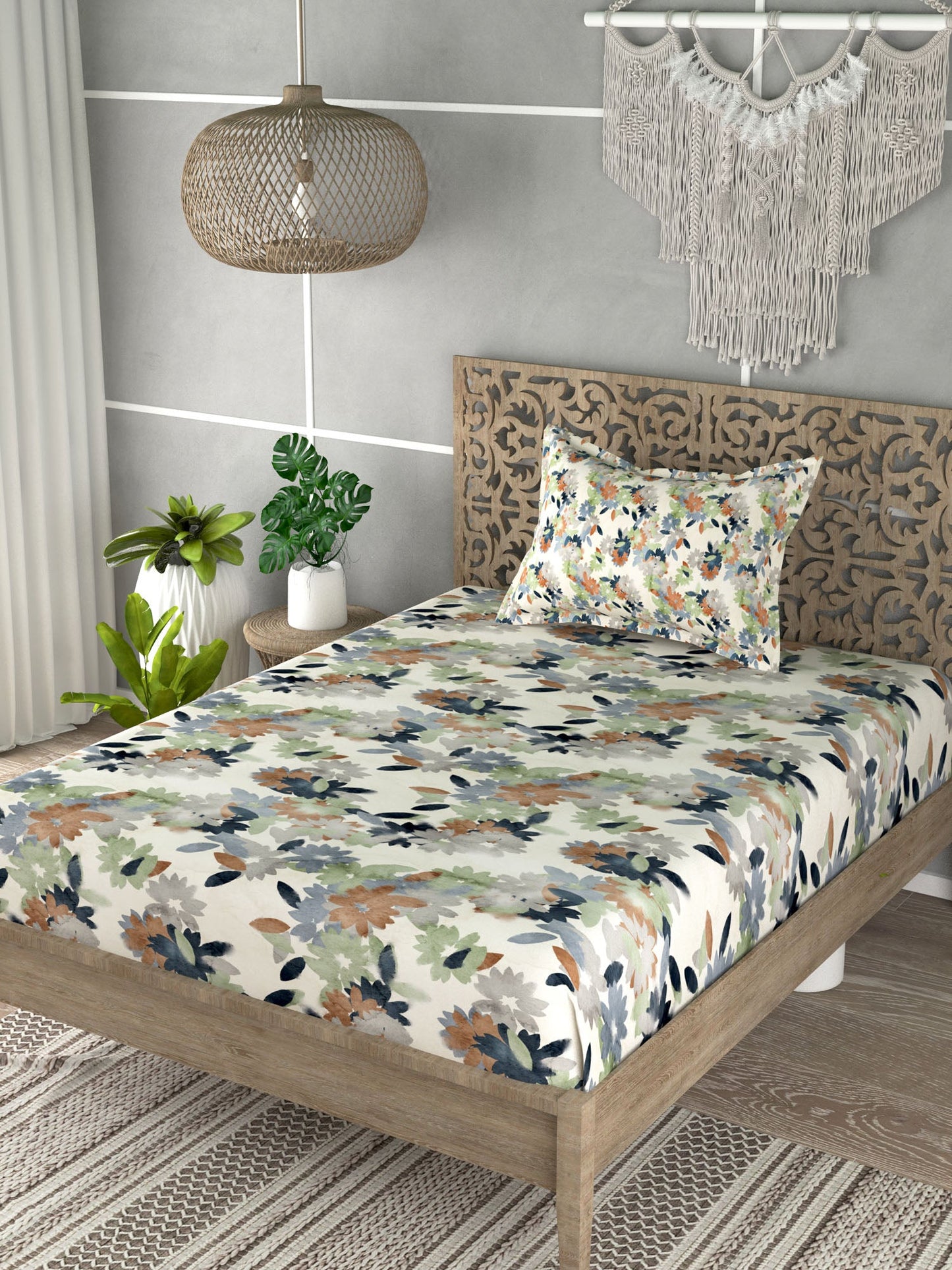 White & Green Floral 160 TC Single Bedsheet with 1 Pillow Covers