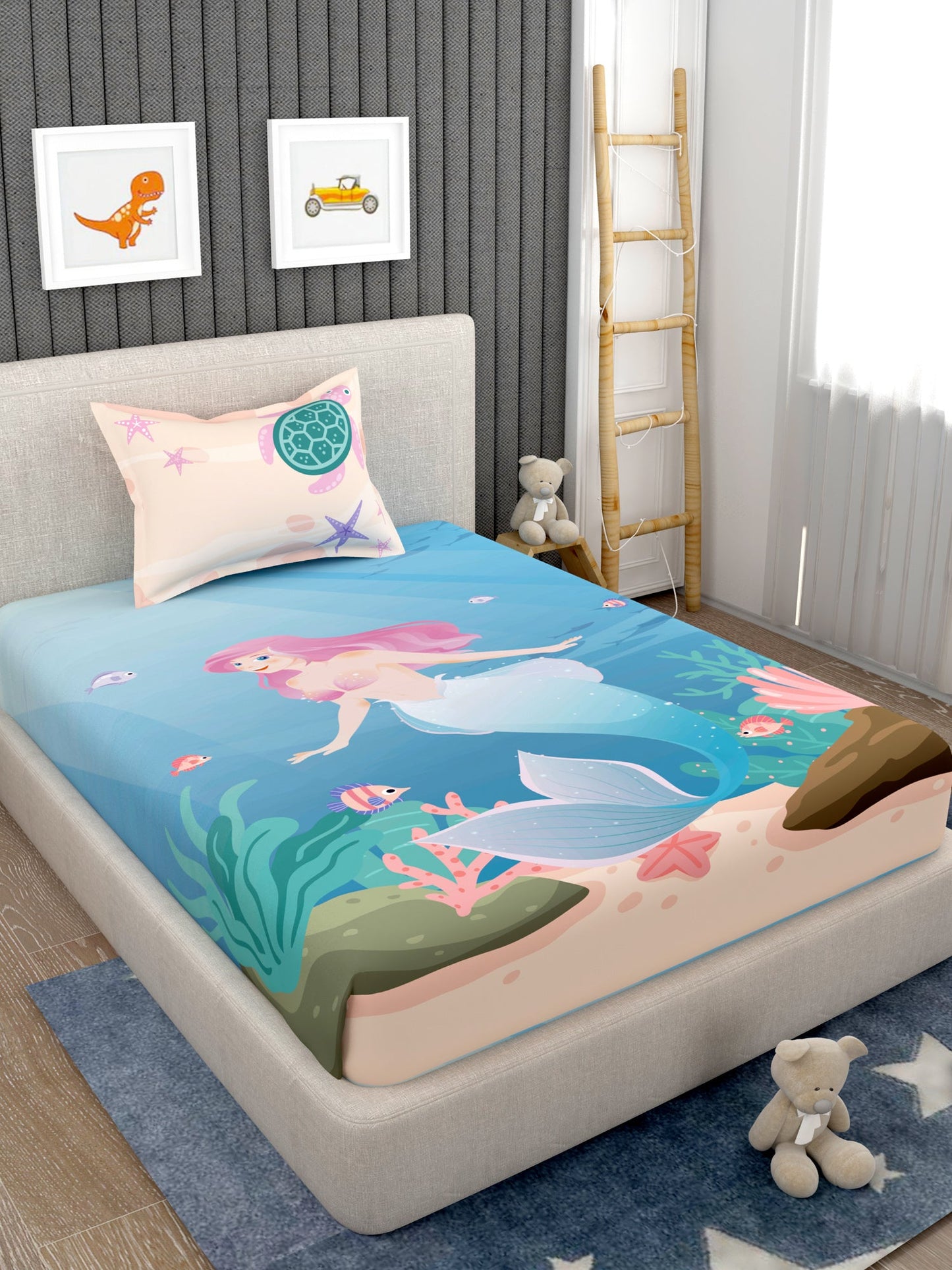 EverHome Blue Cartoon Character 100%Cotton Single Bedsheet with 1 Pillow Cover (150X224 cm)