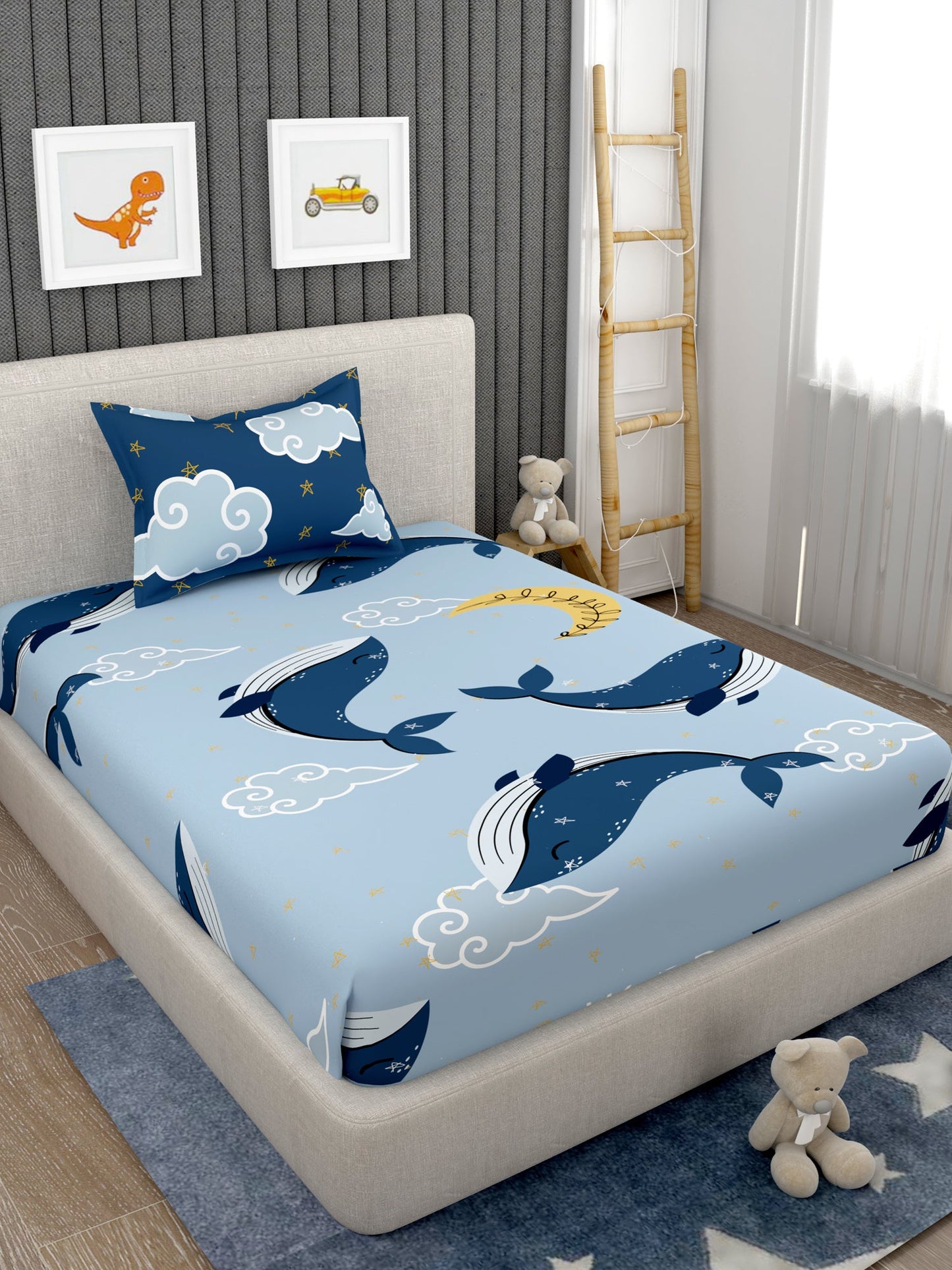 EverHome Blue Shark Print 100%Cotton Single Bedsheet with 1 Pillow Cover (150X224 cm)