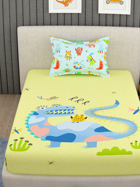 EverHome Yellow Animal Print 100%Cotton Single Bedsheet with 1 Pillow Cover (150X224 cm)
