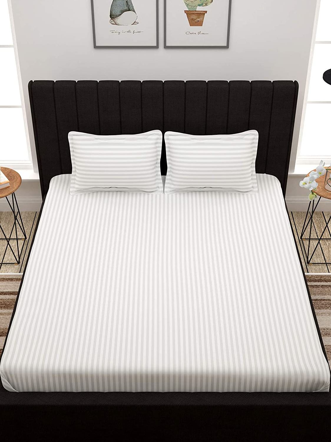 EVER HOME Cotton Satin Striped Plain Bedsheet for Super King Size Bed