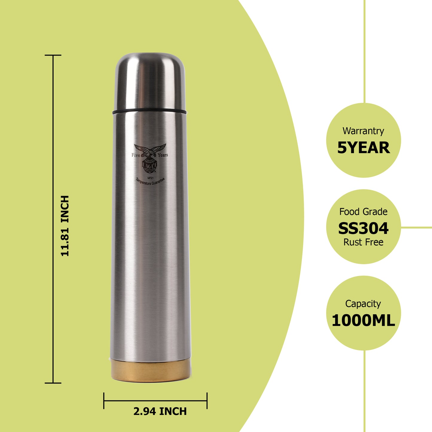 Eagle - Gold Sleek Thermosteel Bottle 1000ML Silver - Ghar Sajawat