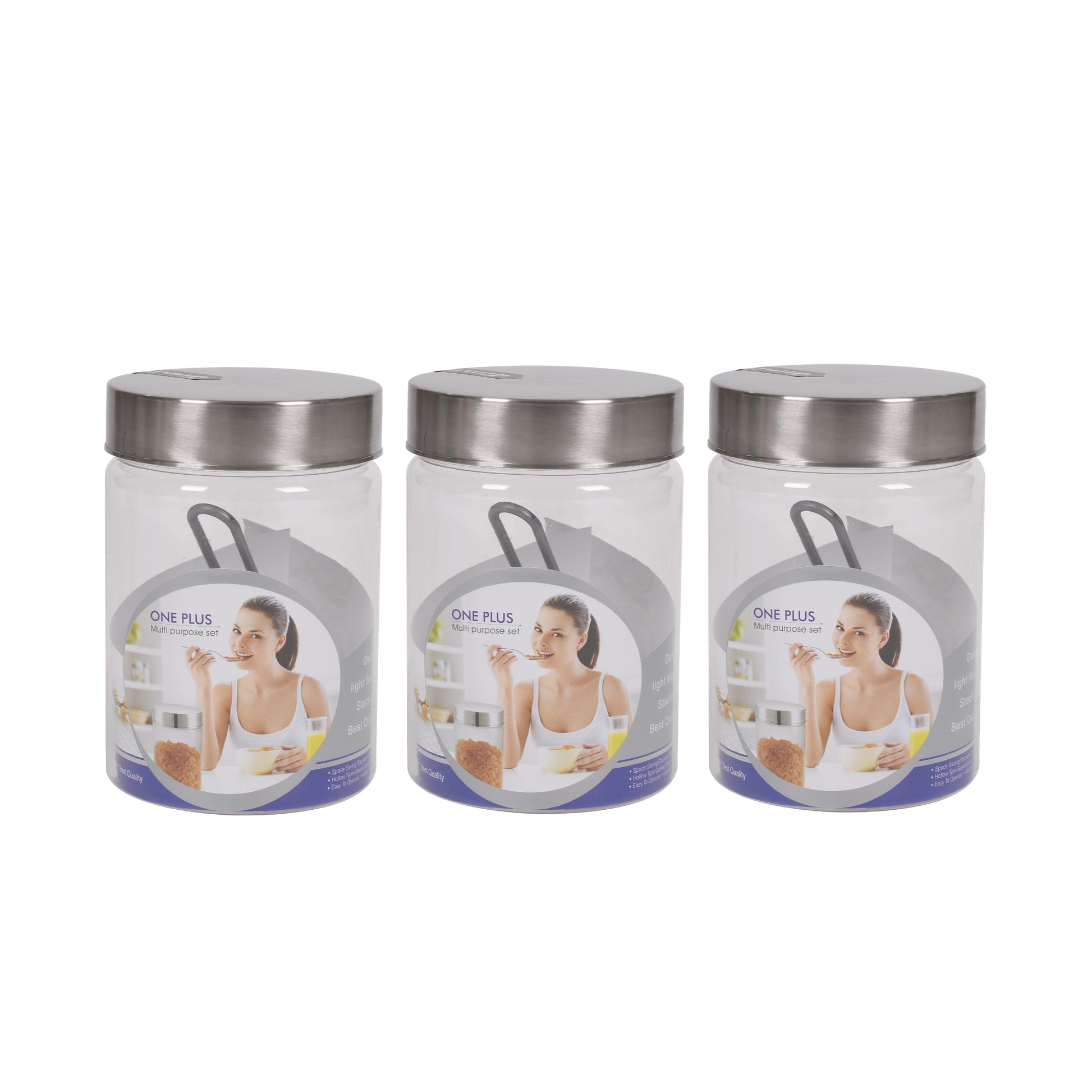 Jimit - One Plus BPA Free Plastic Storage Jar With Stainless Steel Lid Set Of 3Pcs (1.2 Ltr) Transparent - Ghar Sajawat