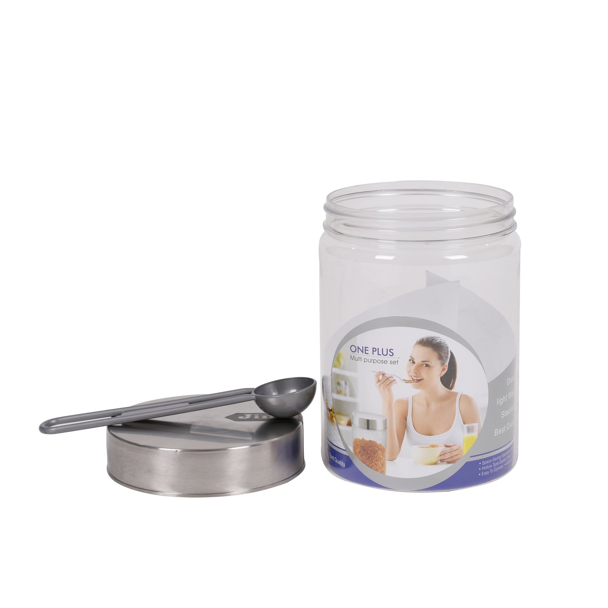 Jimit - One Plus BPA Free Plastic Storage Jar With Stainless Steel Lid Set Of 3Pcs (1.2 Ltr) Transparent - Ghar Sajawat