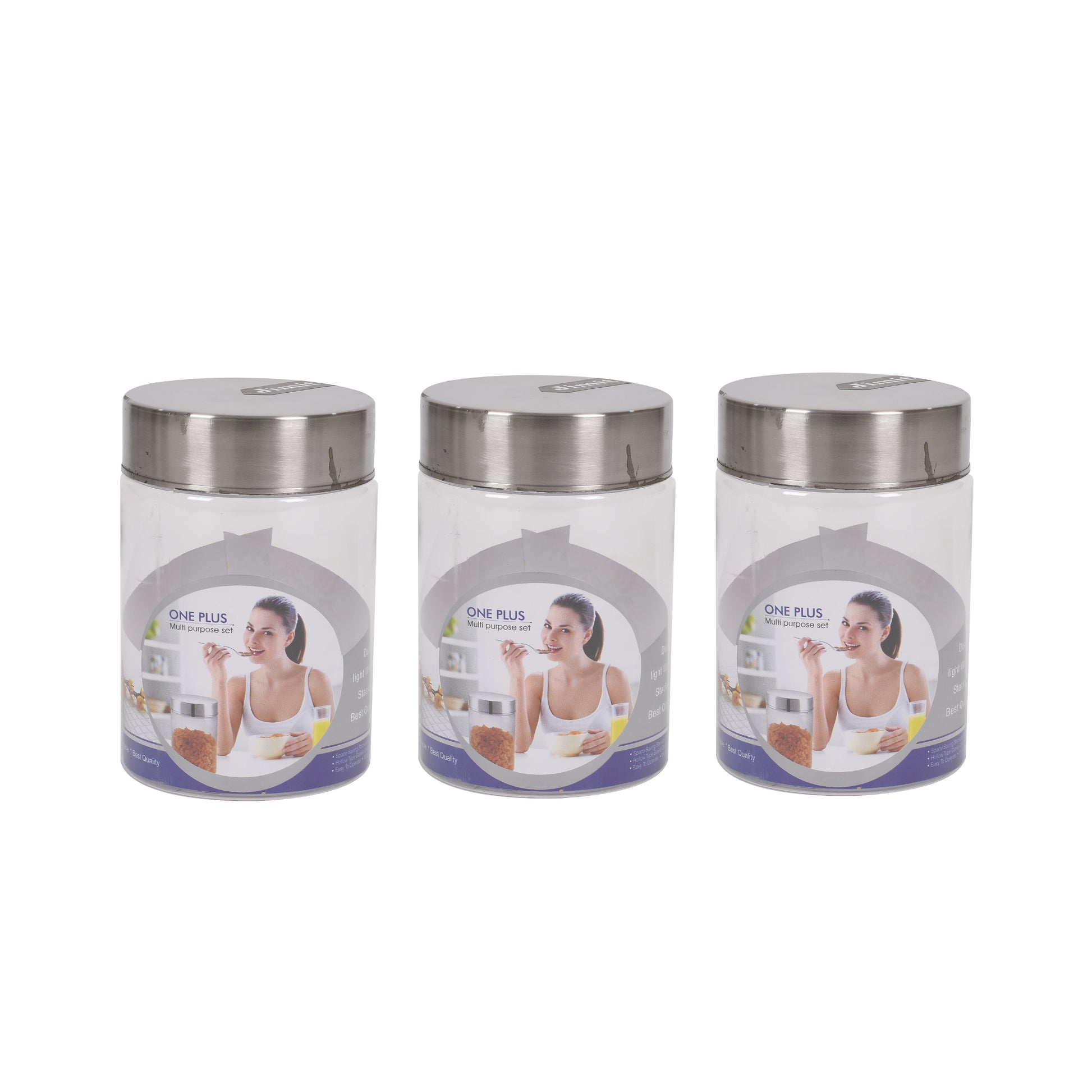 Jimit - One Plus BPA Free Plastic Storage Jar With Stainless Steel Lid Set Of 3Pcs (850ML) Transparent - Ghar Sajawat
