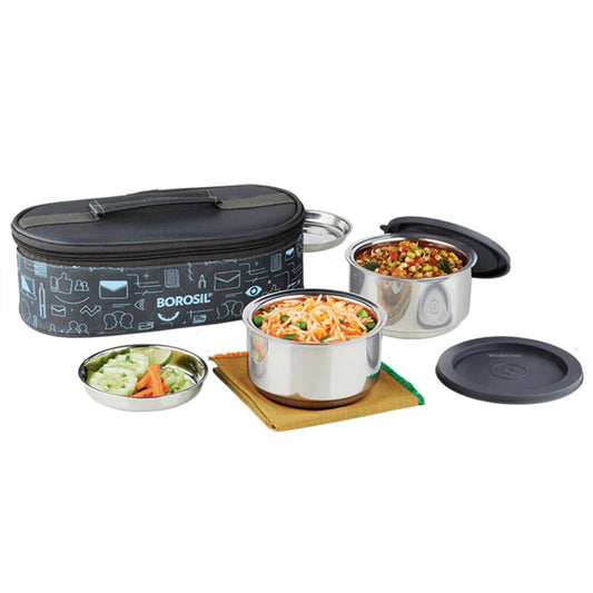 Borosil - Horizontal Carry Fresh Stainless Steel Insulated Lunch Box Set Of 2Pcs (2Pcs-280ml) Black - Ghar Sajawat