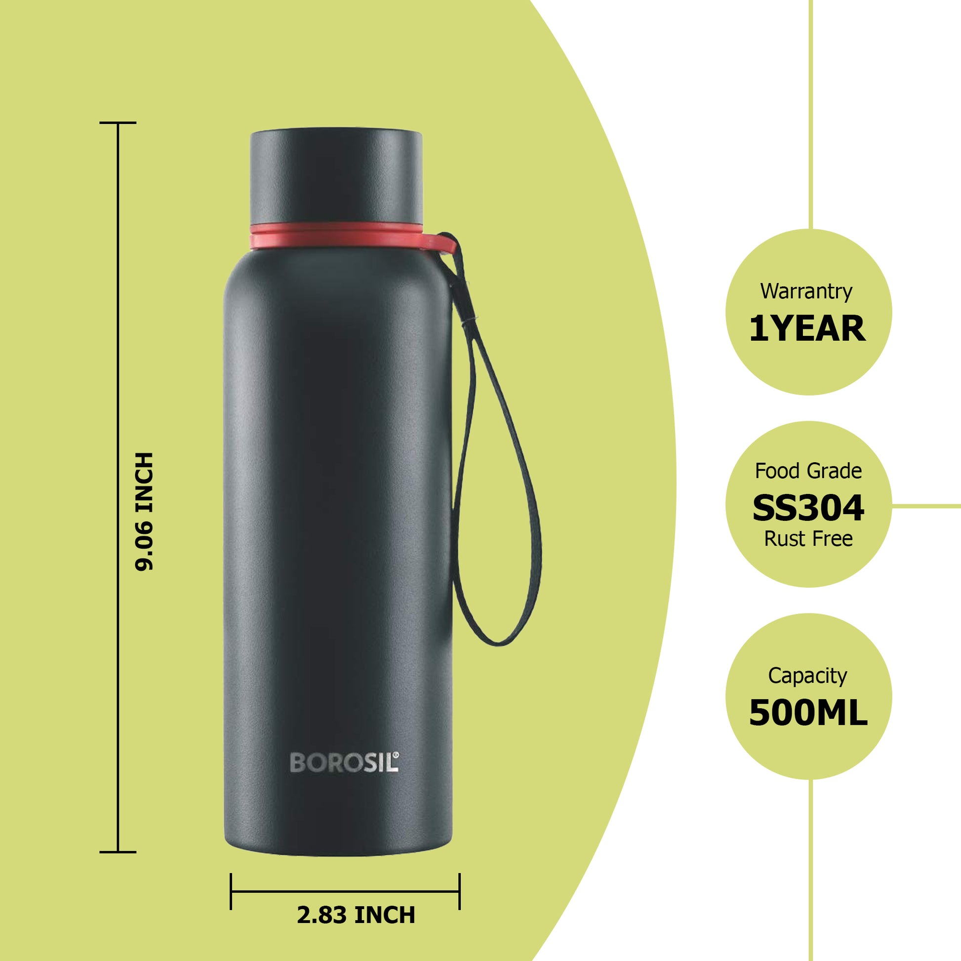 Borosil - Hydra Trek Thermosteel Bottle 500ML Black - Ghar Sajawat