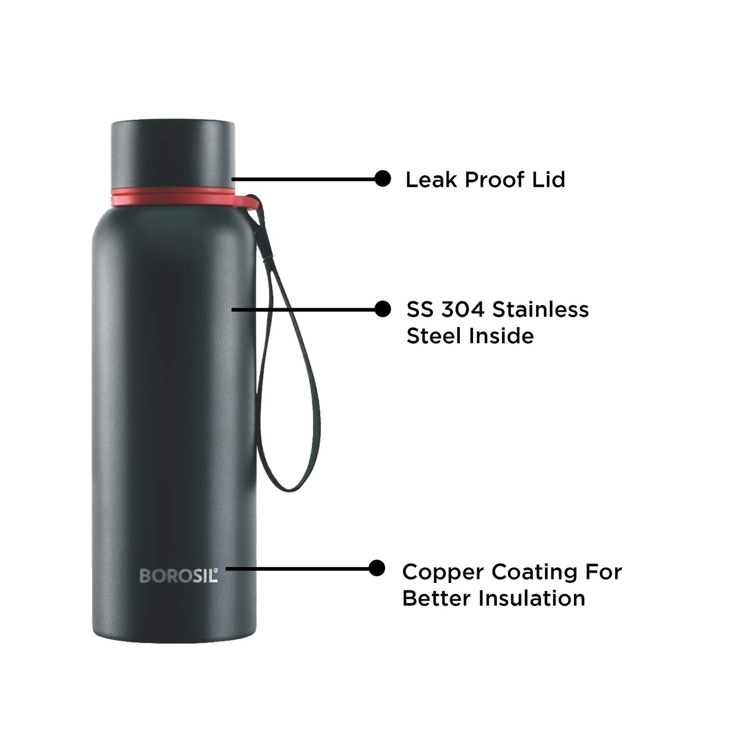 Borosil - Hydra Trek Thermosteel Bottle 500ML Black - Ghar Sajawat