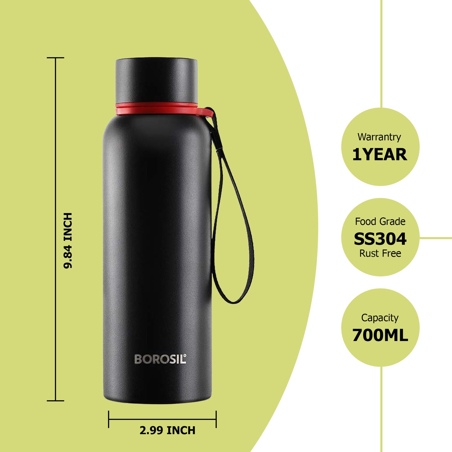 Borosil - Hydra Trek Thermosteel Bottle 700ML Black - Ghar Sajawat