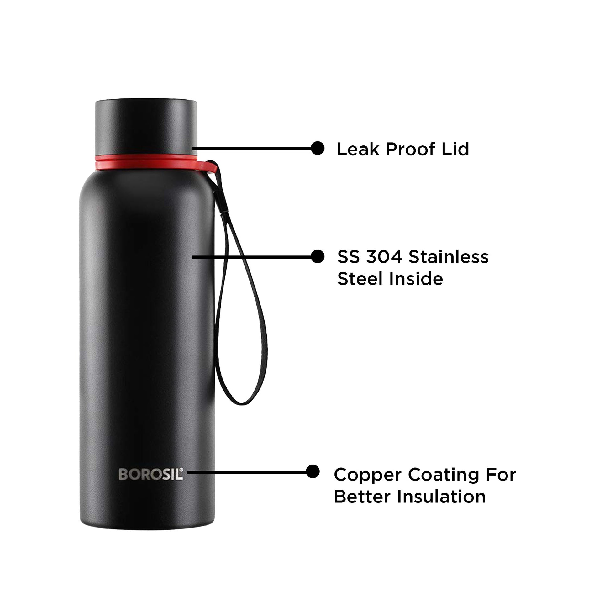 Borosil - Hydra Trek Thermosteel Bottle 700ML Black - Ghar Sajawat
