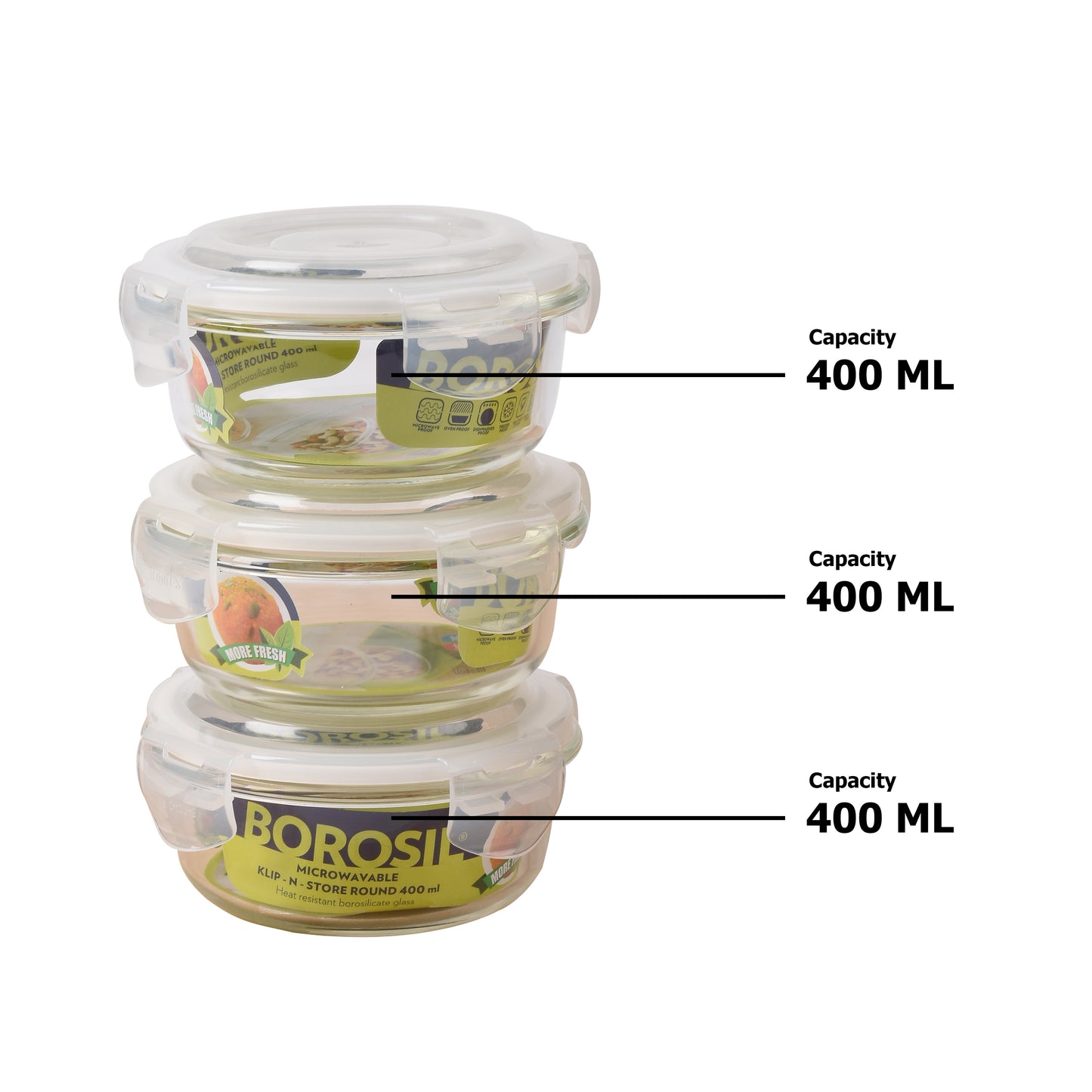 Borosil - Round Klip-N-Store Microwavable Glass Lunch Box Set Of 3Pcs (3Pcs-400ML) Blue - Ghar Sajawat