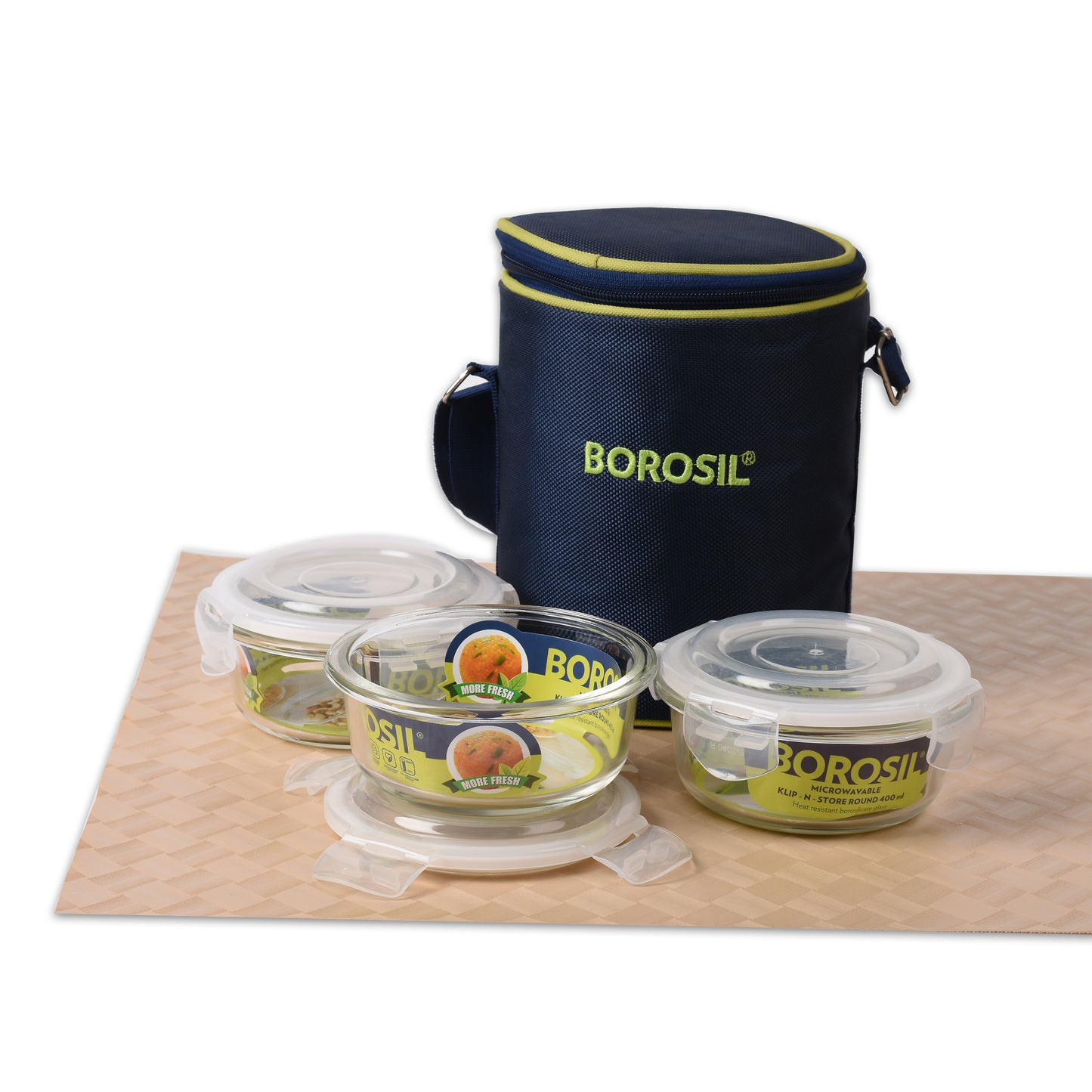 Borosil - Round Klip-N-Store Microwavable Glass Lunch Box Set Of 3Pcs (3Pcs-400ML) Blue - Ghar Sajawat