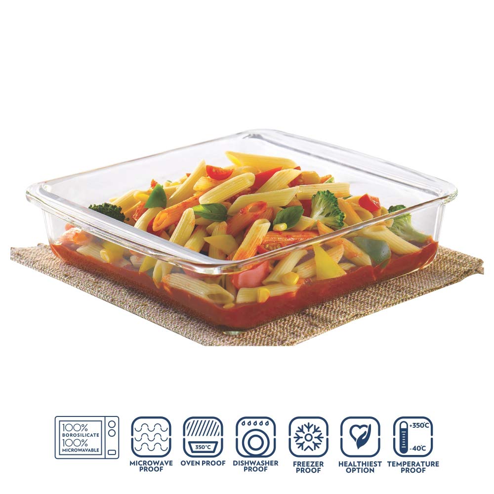 Borosil - Square Dish Microwave Safe Borosilicate Glass 1.6 ltr Transparent - Ghar Sajawat
