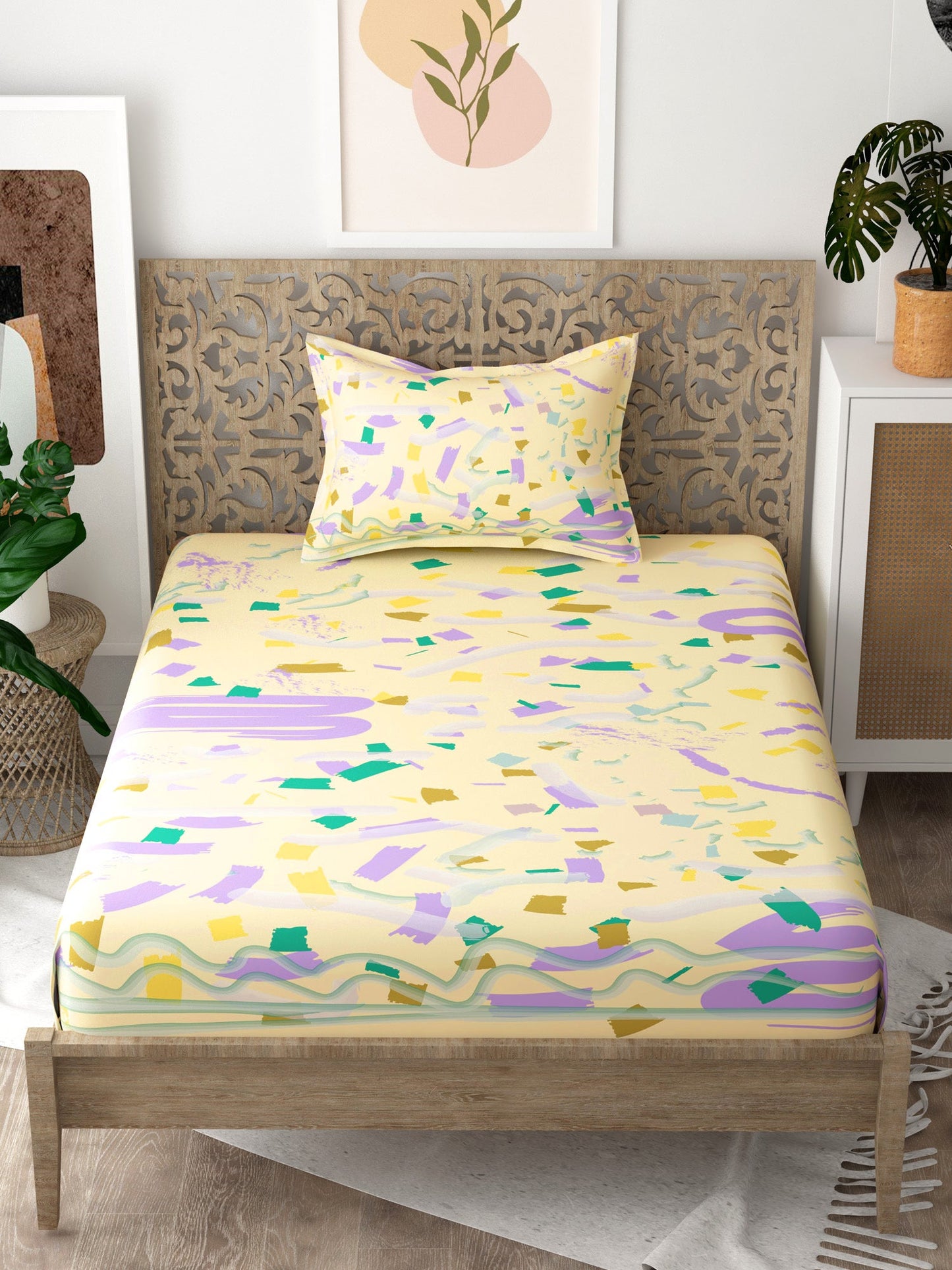 Yellow Abstract Print Pure Cotton Single Bedsheet with 1 Pillow Cover