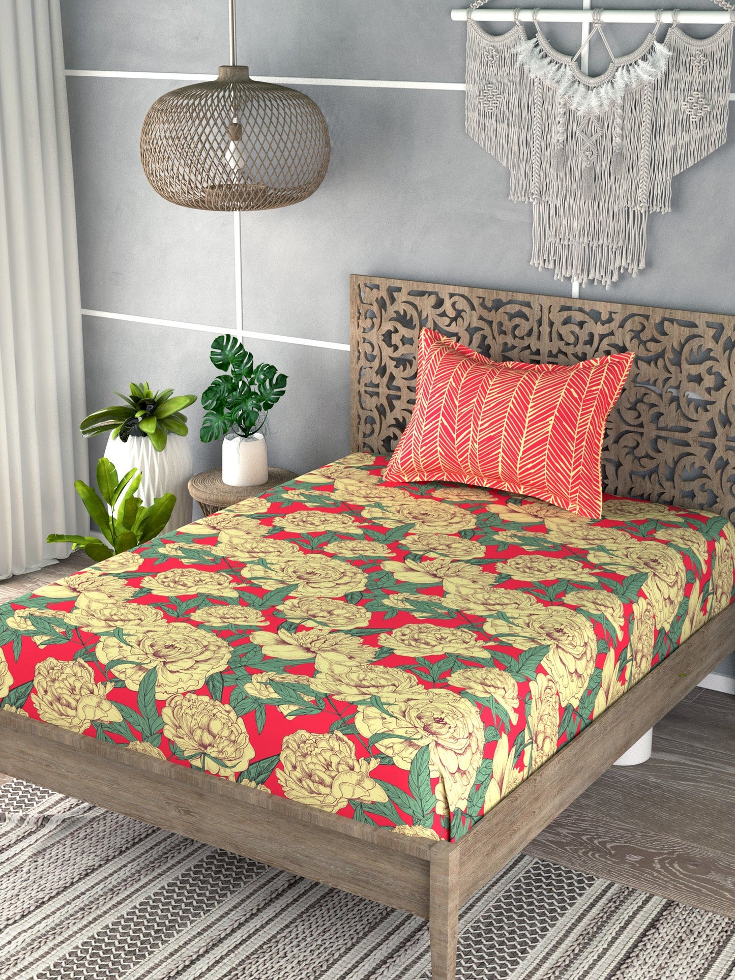Yellow & Red Floral Print Single Bedsheet with 1 Pillow Cover