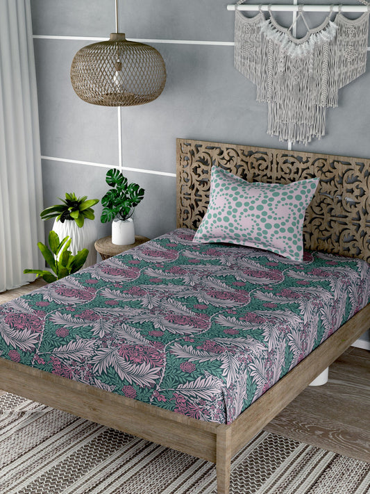 Green&Blue Floral Print Single Bedsheet with 1 Pillow Cover