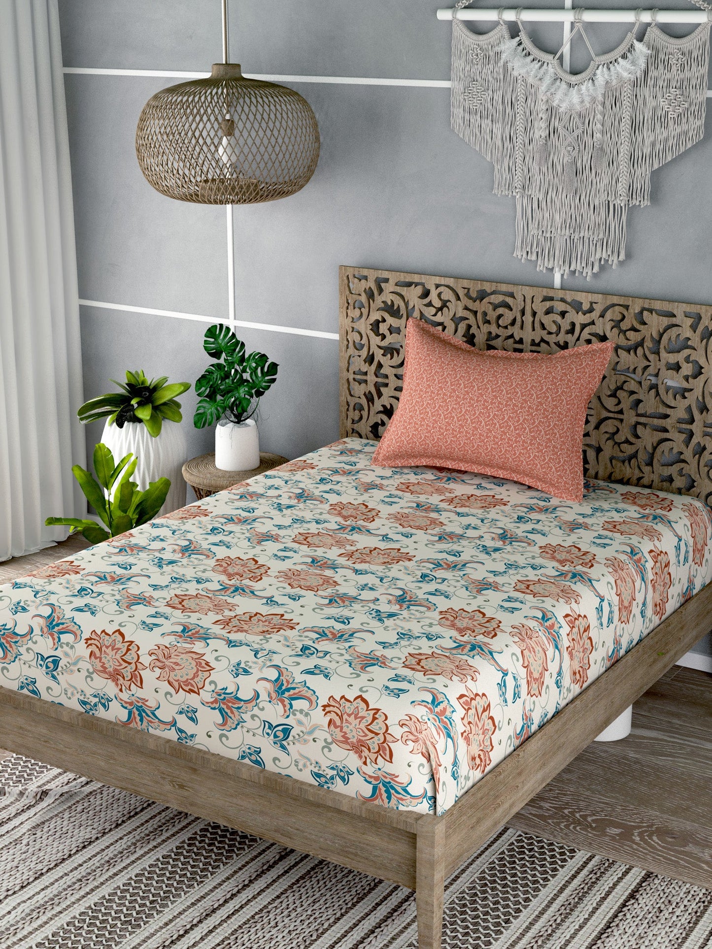 Beige Floral Print Single Bedsheet with 1 Pillow Cover