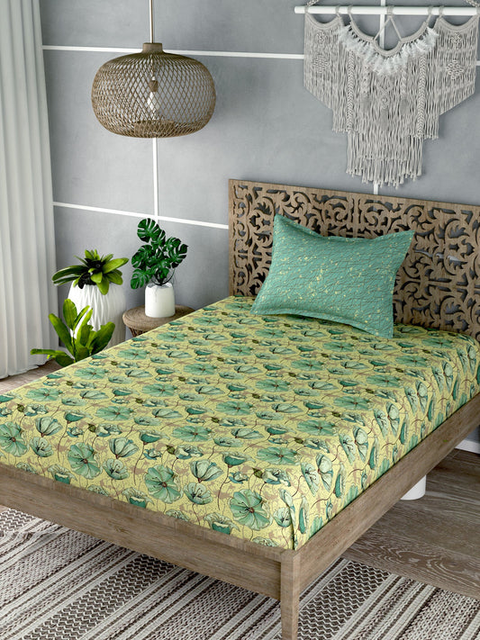 Yellow & Green Floral Print Single Bedsheet with 1 Pillow Cover