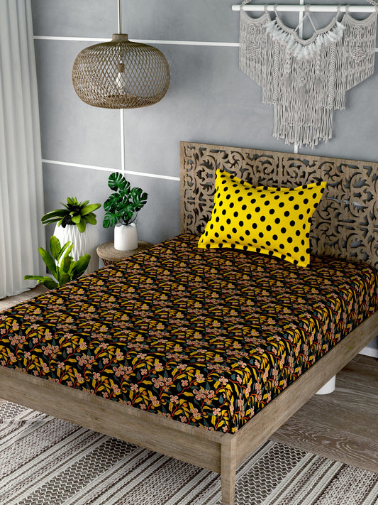 Black&Yellow Floral Print Single Bedsheet with 1 Pillow Cover