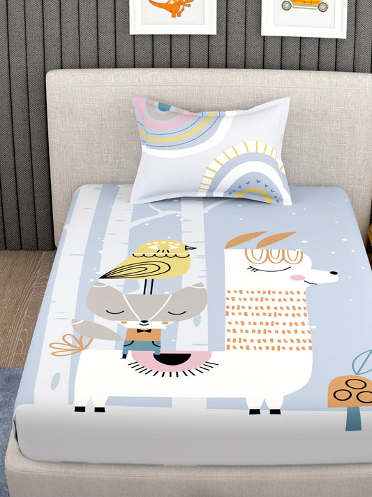 EverHome Grey Cartoon Print 100%Cotton Single Bedsheet with 1 Pillow Cover (150X224 cm)