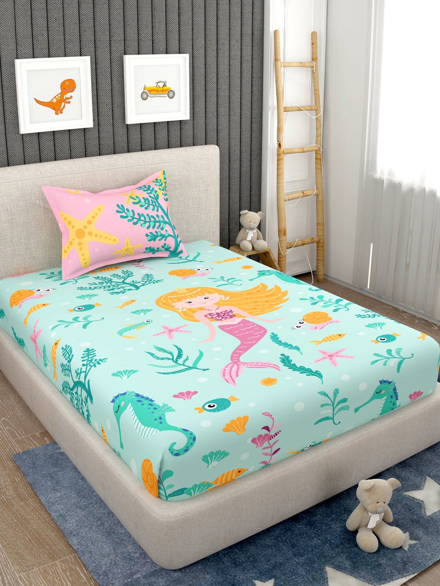 EverHome Sea Green Cartoon Character Print 100%Cotton Single Bedsheet with 1 Pillow Cover (150X224 cm)