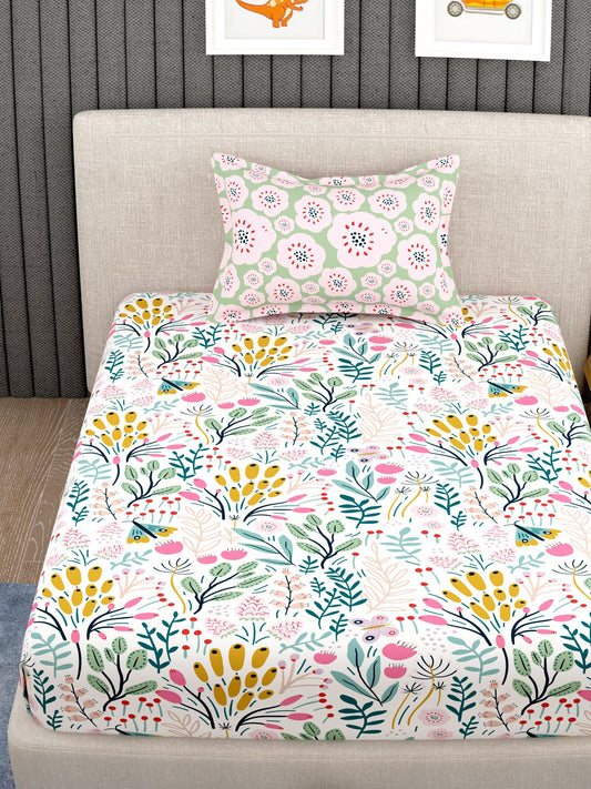 EverHome White Floral Print 100%Cotton Single Bedsheet with 1 Pillow Cover (150X224 cm)