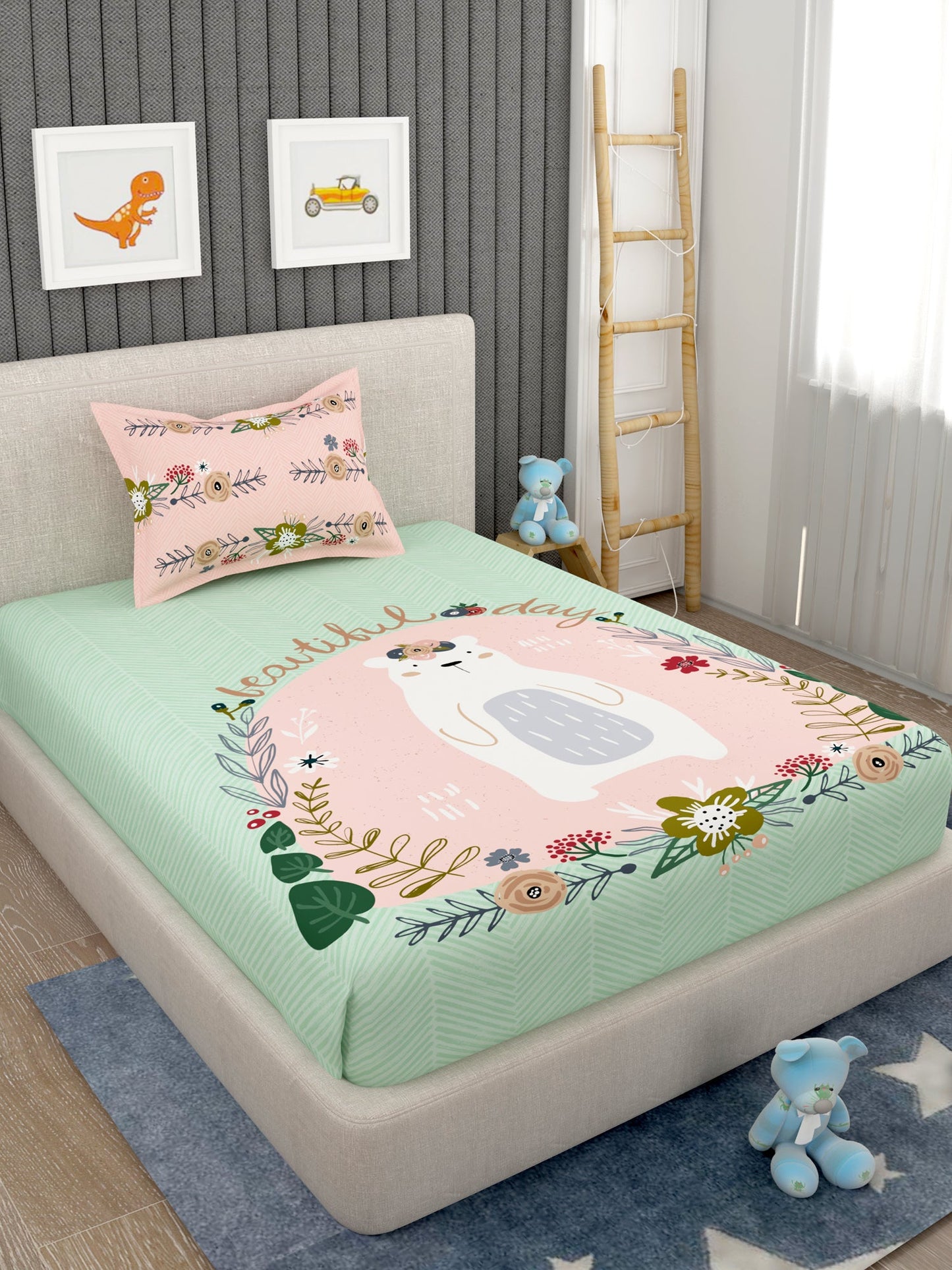 EverHome Light Green and Pink Cartoon Character 100%Cotton Single Bedsheet with 1 Pillow Cover (150X224 cm)