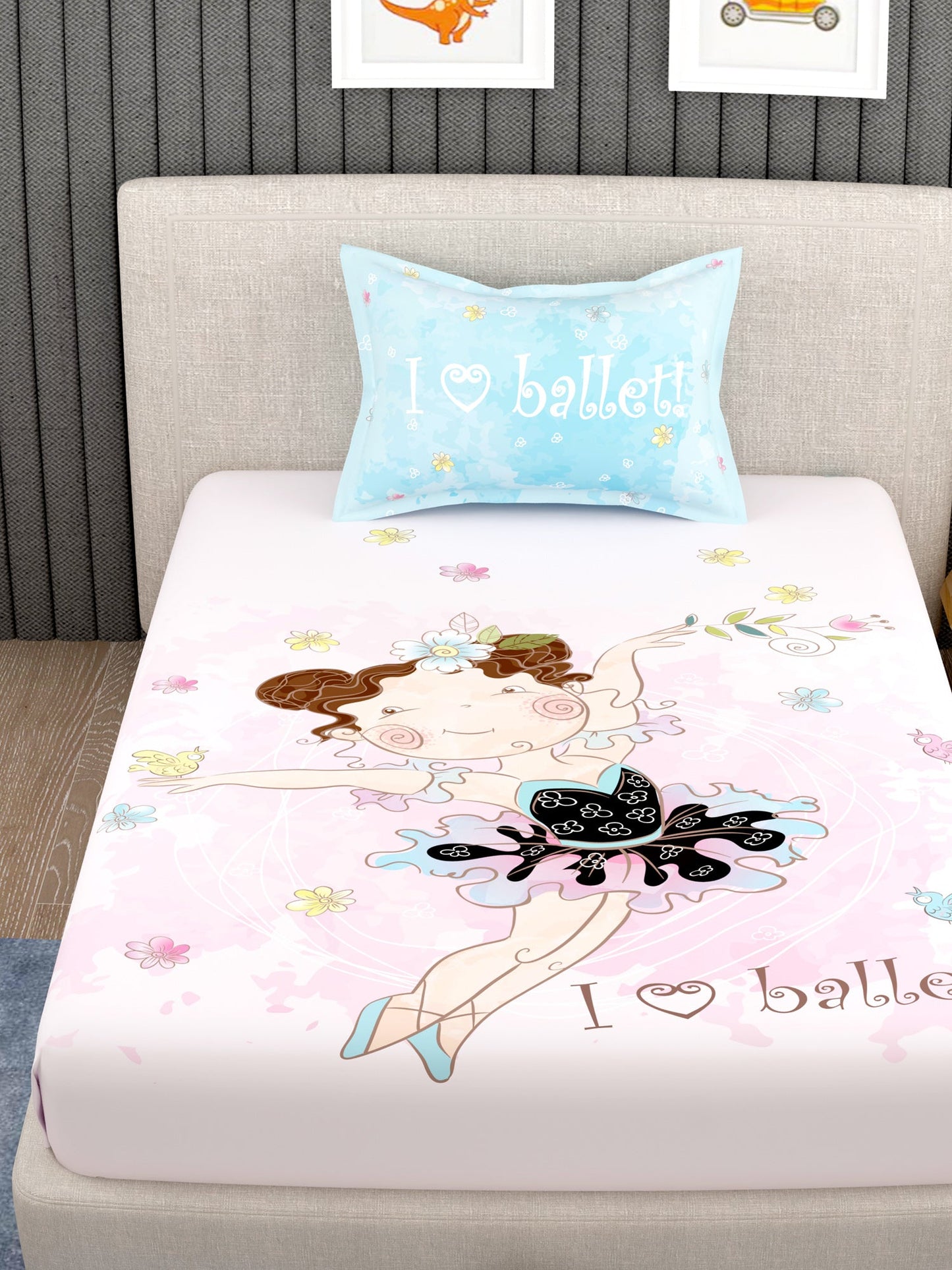 EverHome Baby Pink Cartoon Character 100%Cotton Single Bedsheet with 1 Pillow Cover (150X224 cm)