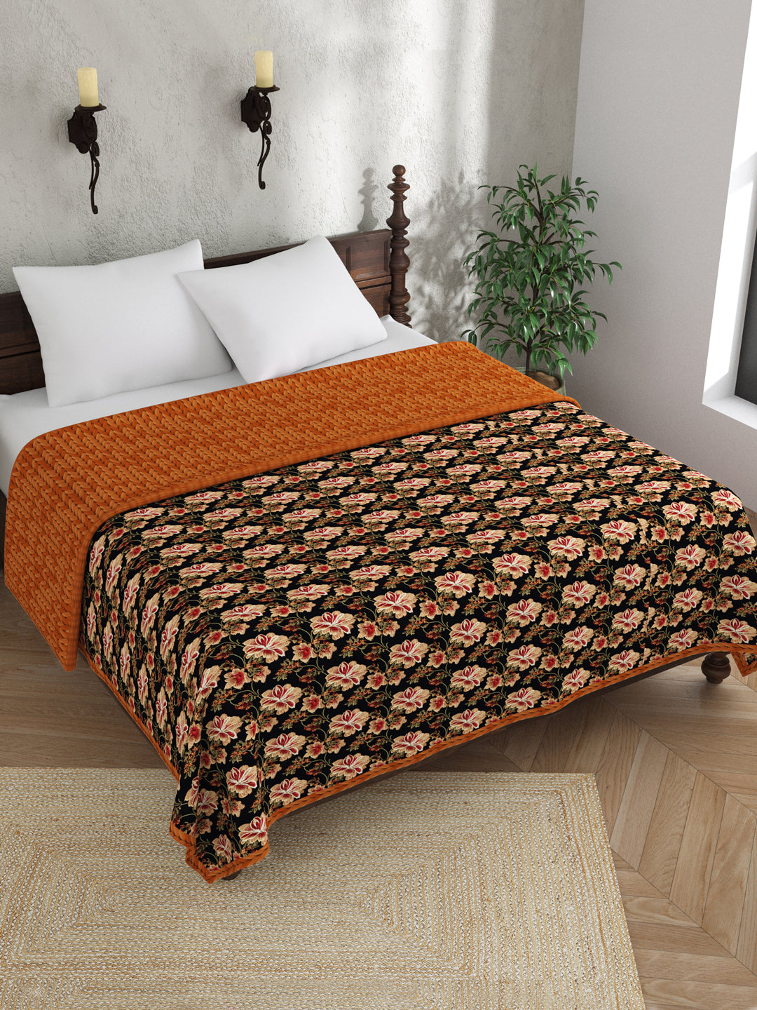 Brown & Black Floral Print AC Room 120 GSM  Cotton Double Bed Dohar