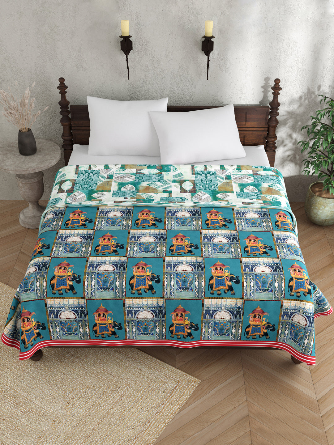 Turquoise Colour Ethnic Motif AC Room 120 GSM Double Bed Dohar