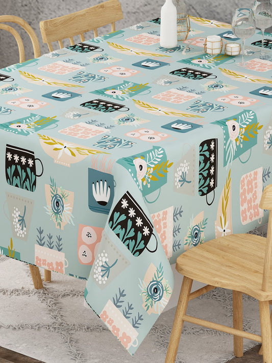 Pots and Plants Printed Blue Colored Cotton Table Cover