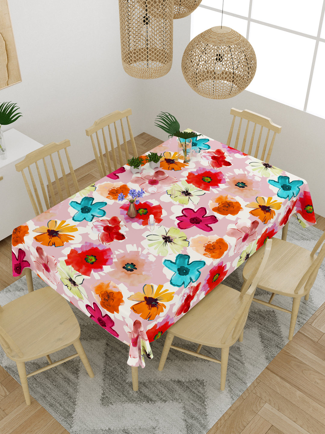Pink Colored Floral Print 6 Seater Table Cover