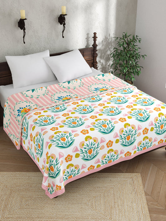 Pink & White Floral Print AC Room 120 GSM Double Bed Dohar