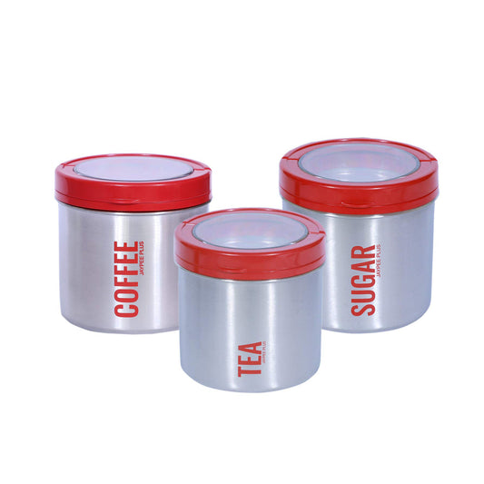 Jaypee Plus - Morning 3 Delight Stainless Steel Storage Tea, Sugar & Coffee Container Set Of 3Pcs (600ML) Red - Ghar Sajawat