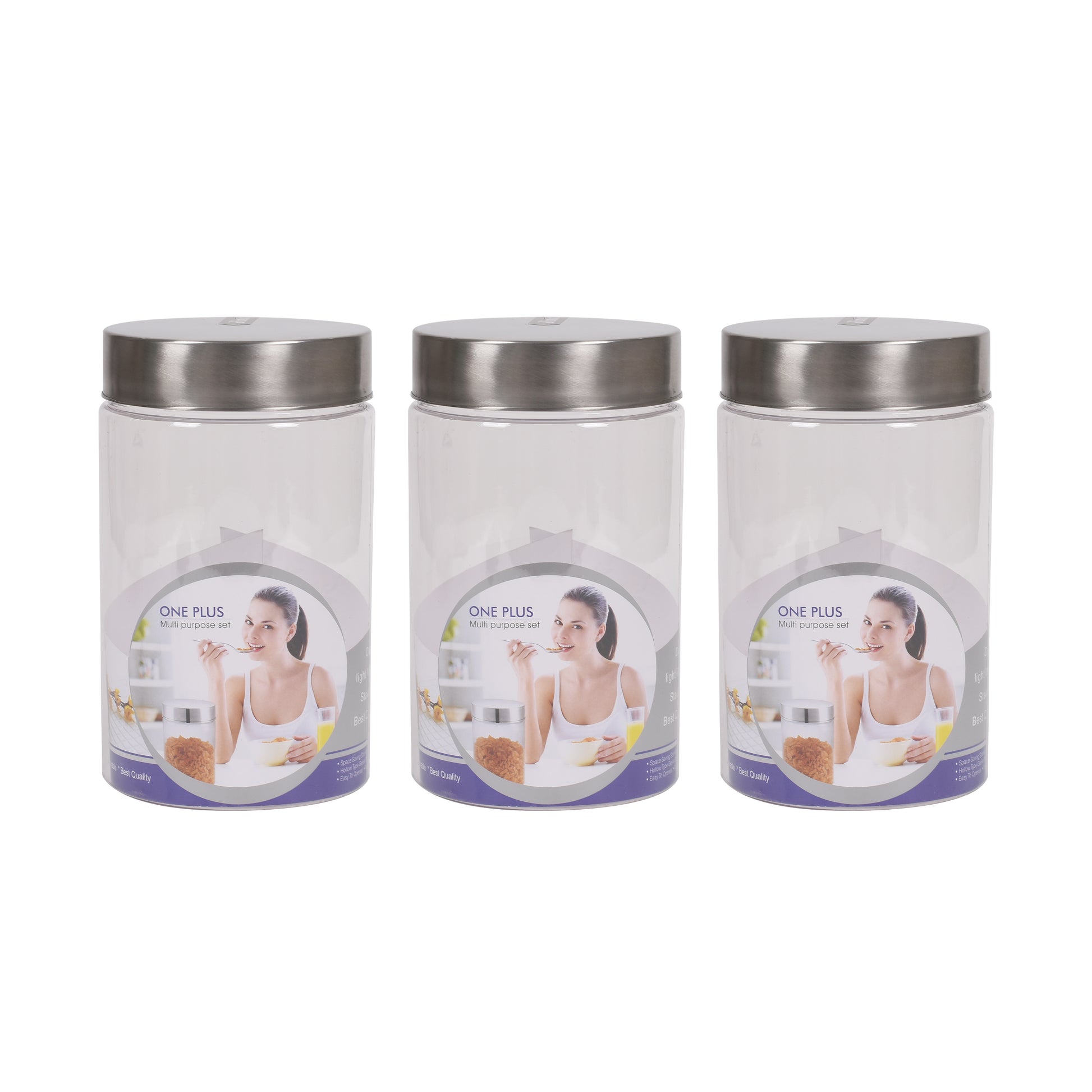 Jimit - One Plus BPA Free Plastic Storage Jar With Stainless Steel Lid Set Of 3Pcs (2.5 Ltr) Transparent - Ghar Sajawat
