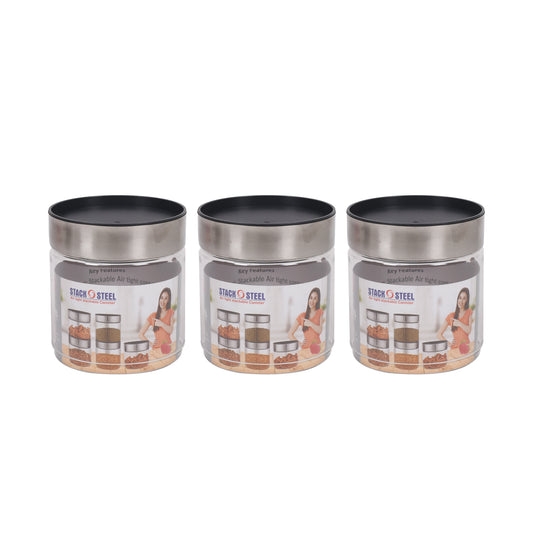 Jimit - Stack O Steel BPA Free Plastic Storage Jar With Stainless Steel Lid Set Of 3Pcs (1.2 Ltr) Transparent - Ghar Sajawat