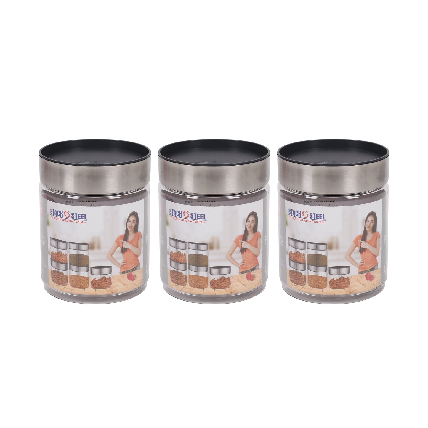 Jimit - Stack O Steel BPA Free Plastic Storage Jar With Stainless Steel Lid Set Of 3Pcs (1.5 Ltr) Transparent - Ghar Sajawat