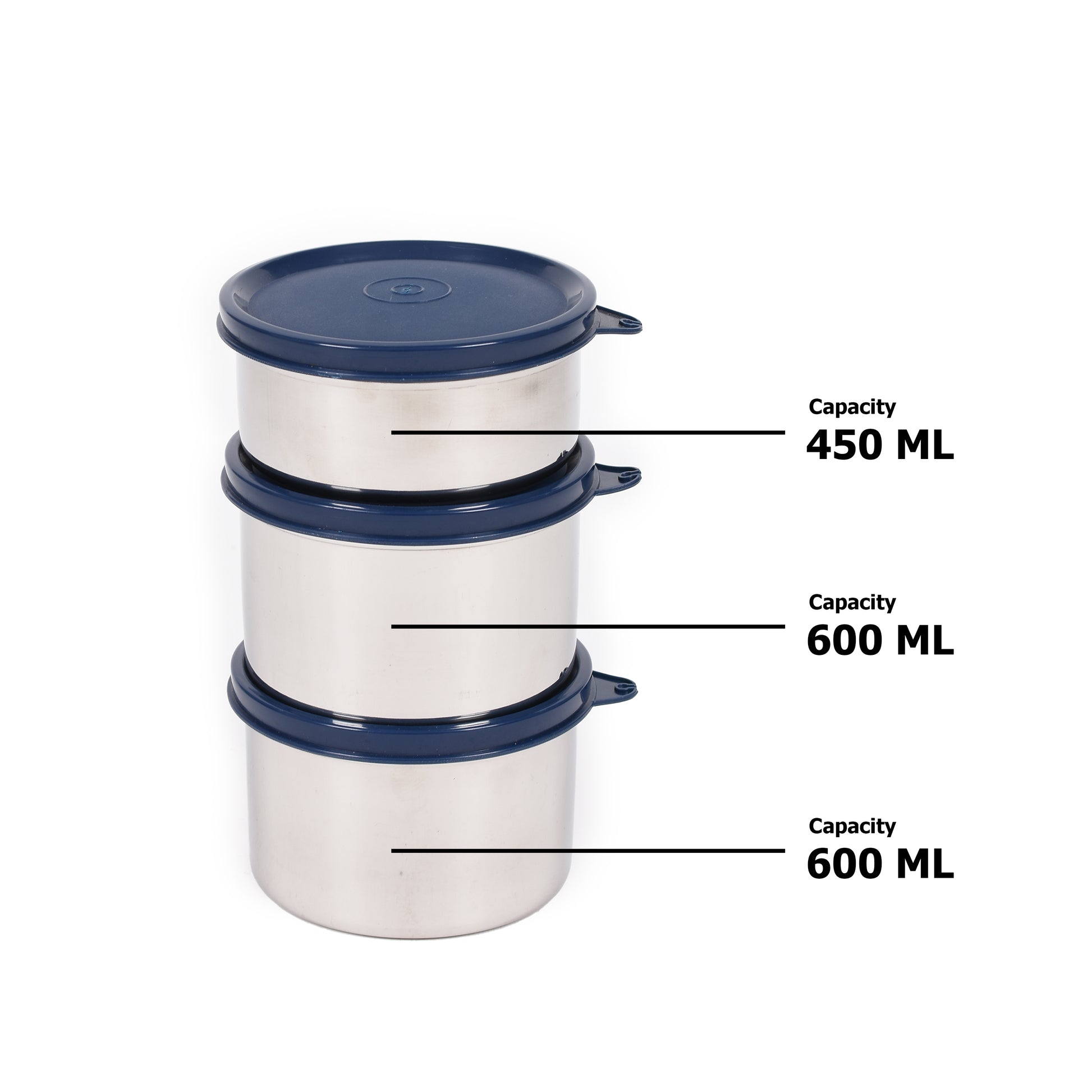 Oliveware - Absolute Stainless Steel Lunch Box Set Of 3Pcs (2Pcs-600ML+1Pc-450ML) Navy Blue - Ghar Sajawat