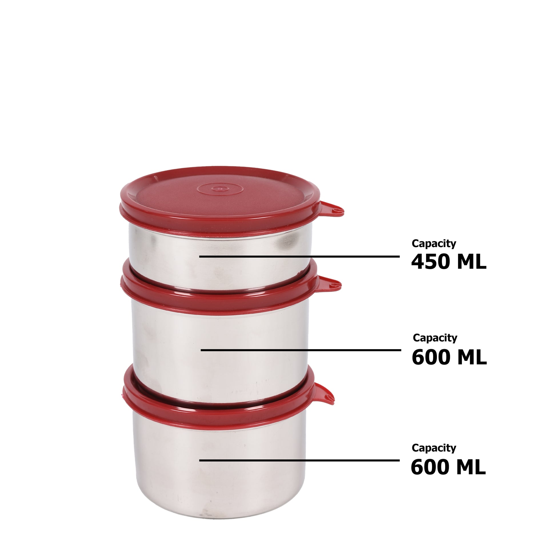 Oliveware - Absolute Stainless Steel Lunch Box Set Of 3Pcs (2Pcs-600ML+1Pc-450ML) Red - Ghar Sajawat