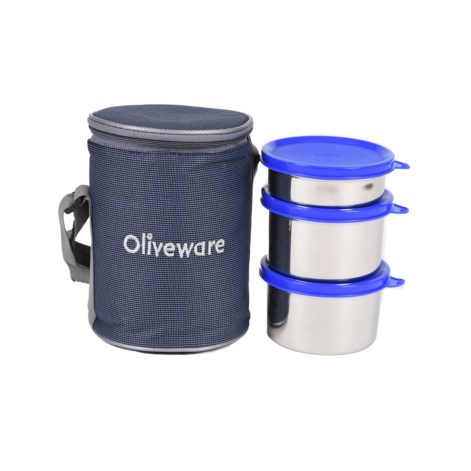 Oliveware - Angelic Stainless Steel Lunch Box Set Of 3Pcs (2Pcs-450ML+1Pc-250ML) Blue - Ghar Sajawat