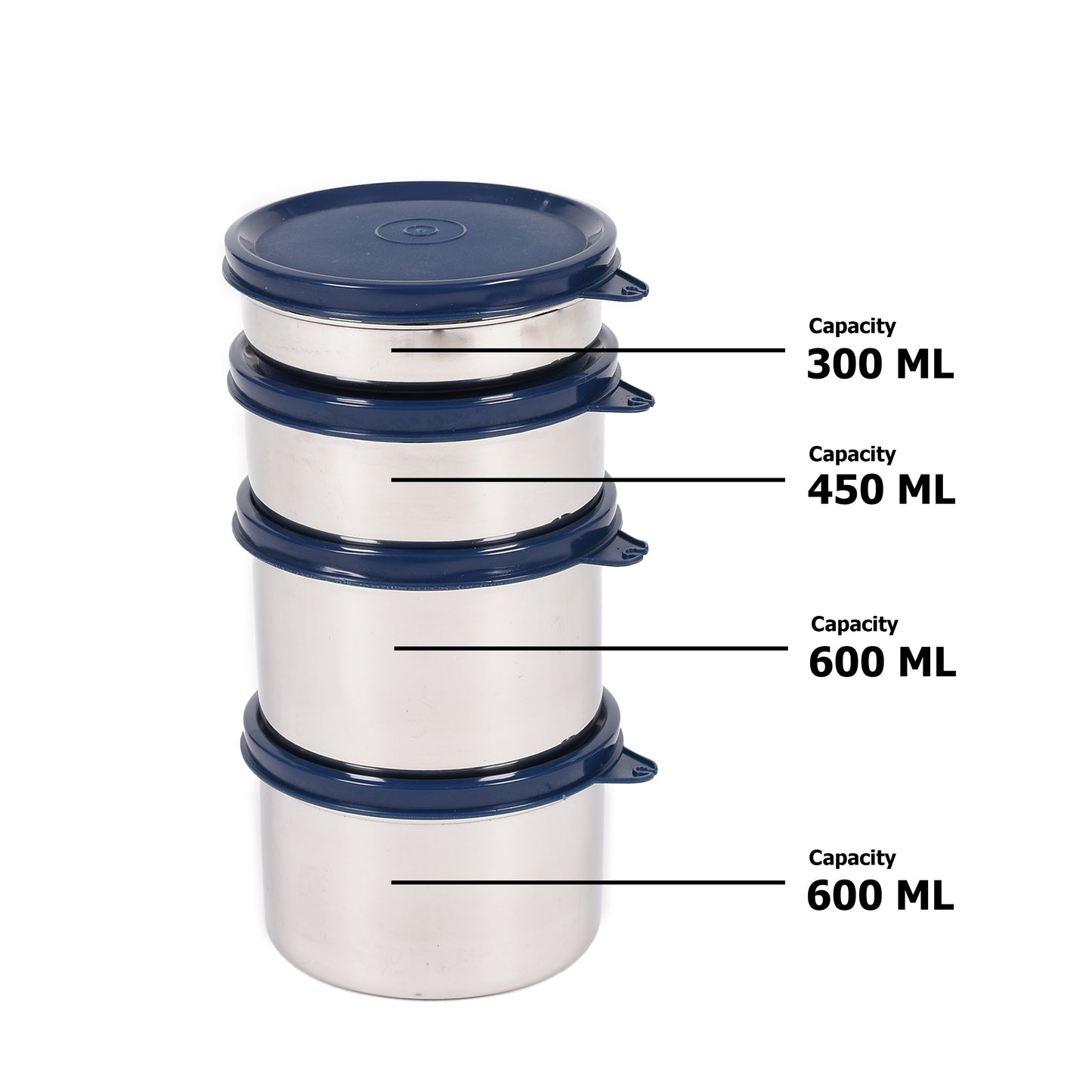 Oliveware - Mega Stainless Steel Lunch Box Set Of 4Pcs (2Pcs-600ML+1Pc-450ML+1Pc-300Ml) Navy Blue - Ghar Sajawat