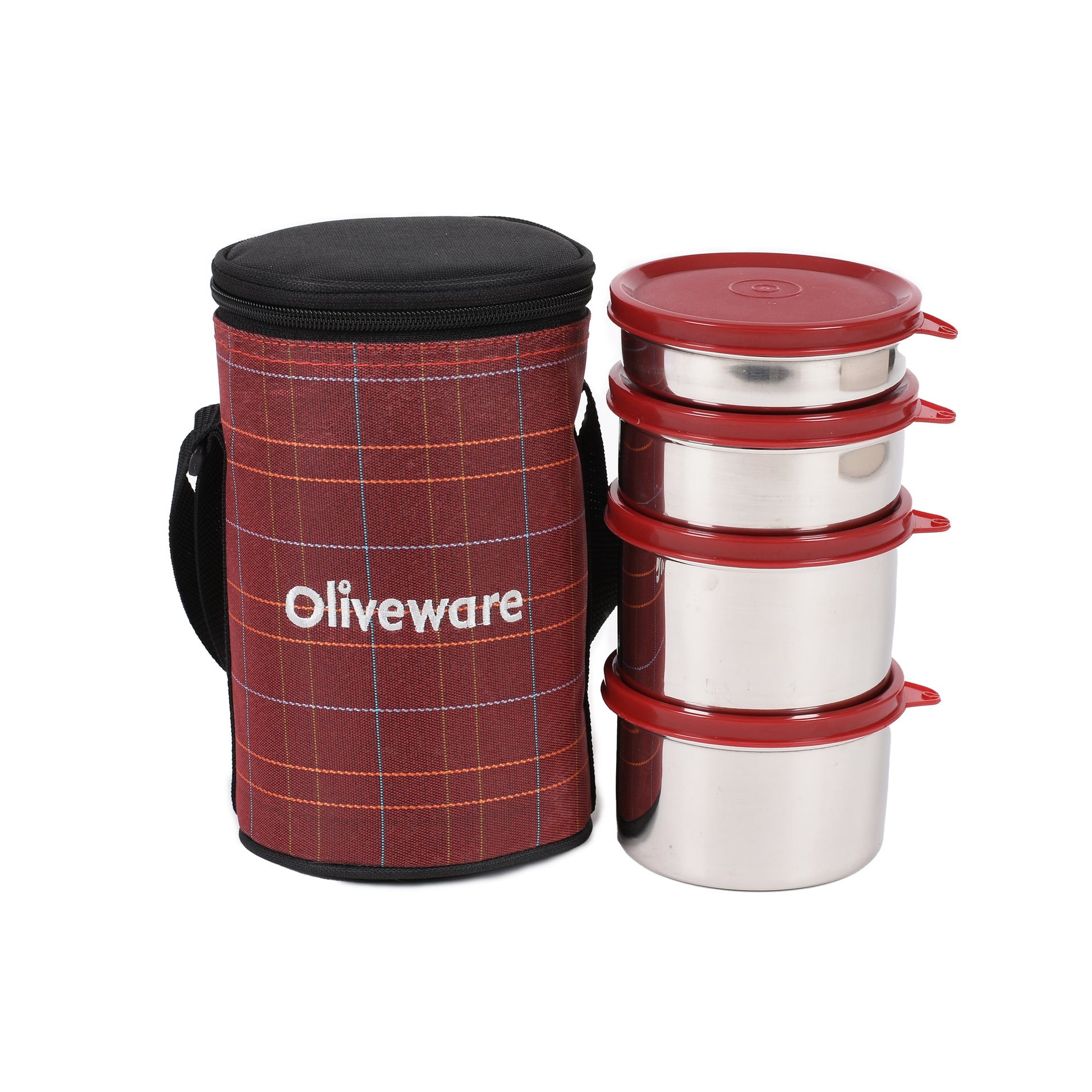 Oliveware - Mega Stainless Steel Lunch Box Set Of 4Pcs (2Pcs-600ML+1Pc-450ML+1Pc-300Ml) Red - Ghar Sajawat