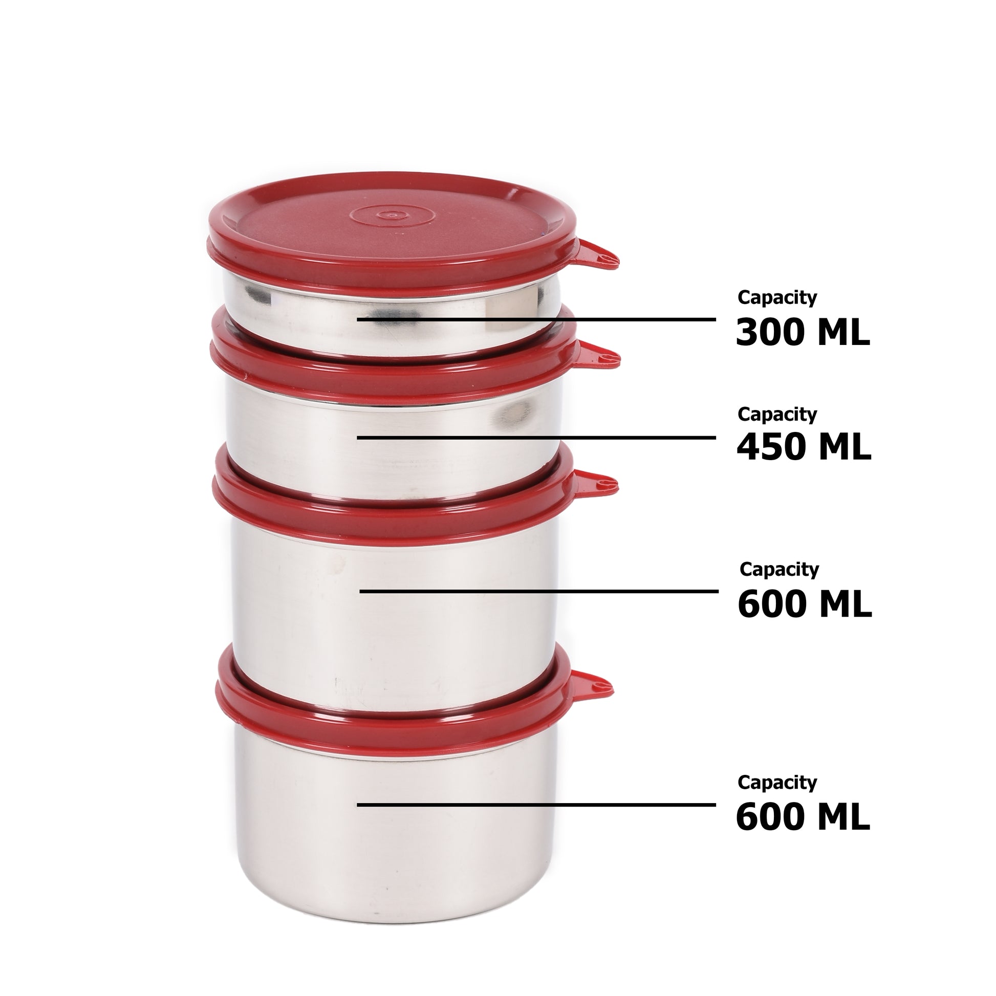 Oliveware - Mega Stainless Steel Lunch Box Set Of 4Pcs (2Pcs-600ML+1Pc-450ML+1Pc-300Ml) Red - Ghar Sajawat