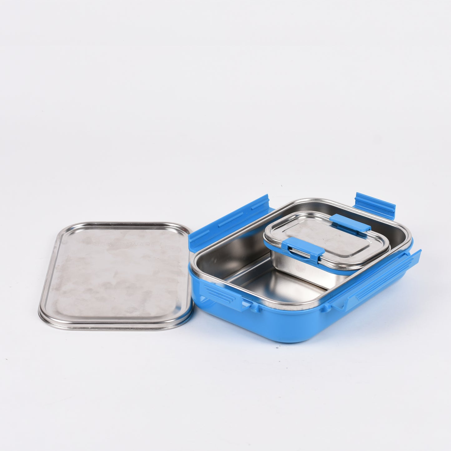 Signoraware - All Steel Stainless Steel With Steel Lid Lunch Box Set Of 2Pcs (1Pc-1000ML+1Pc-240ML) Blue - Ghar Sajawat