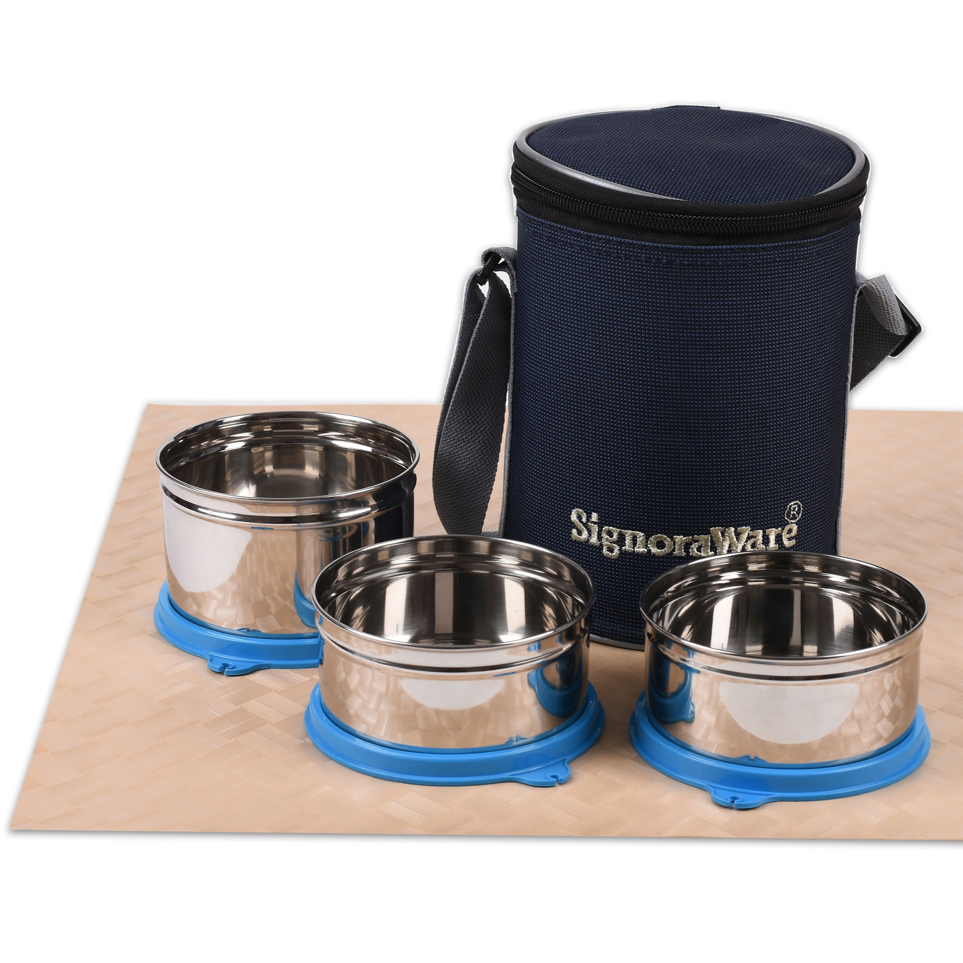 Signoraware - Executive Medium Stainless Steel Lunch Box Set Of 3Pcs (1Pc-500ML+2Pc-350ML) Blue - Ghar Sajawat