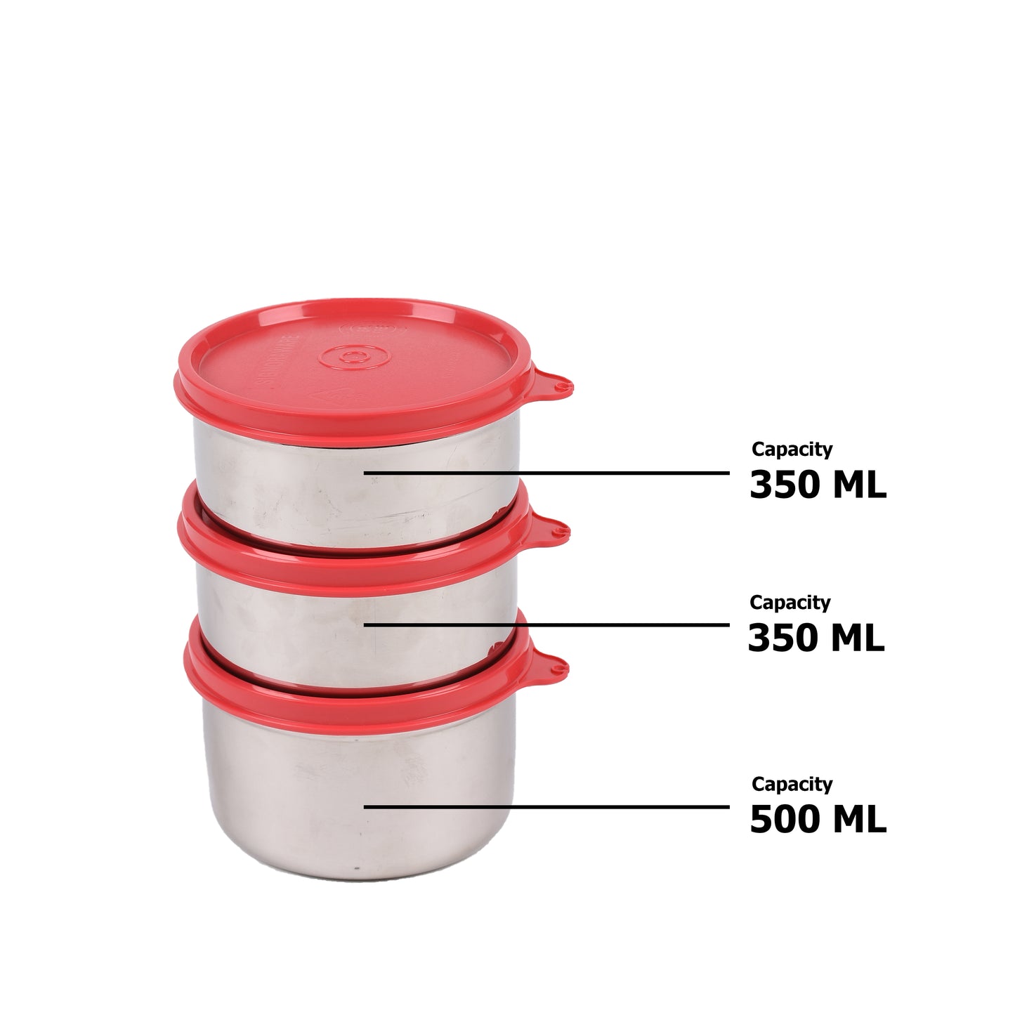 Signoraware - Executive Medium Stainless Steel Lunch Box Set Of 3Pcs (1Pc-500ML+2Pc-350ML) Red - Ghar Sajawat